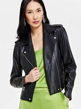 INC International Concepts Black Faux Leather Moto Jacket